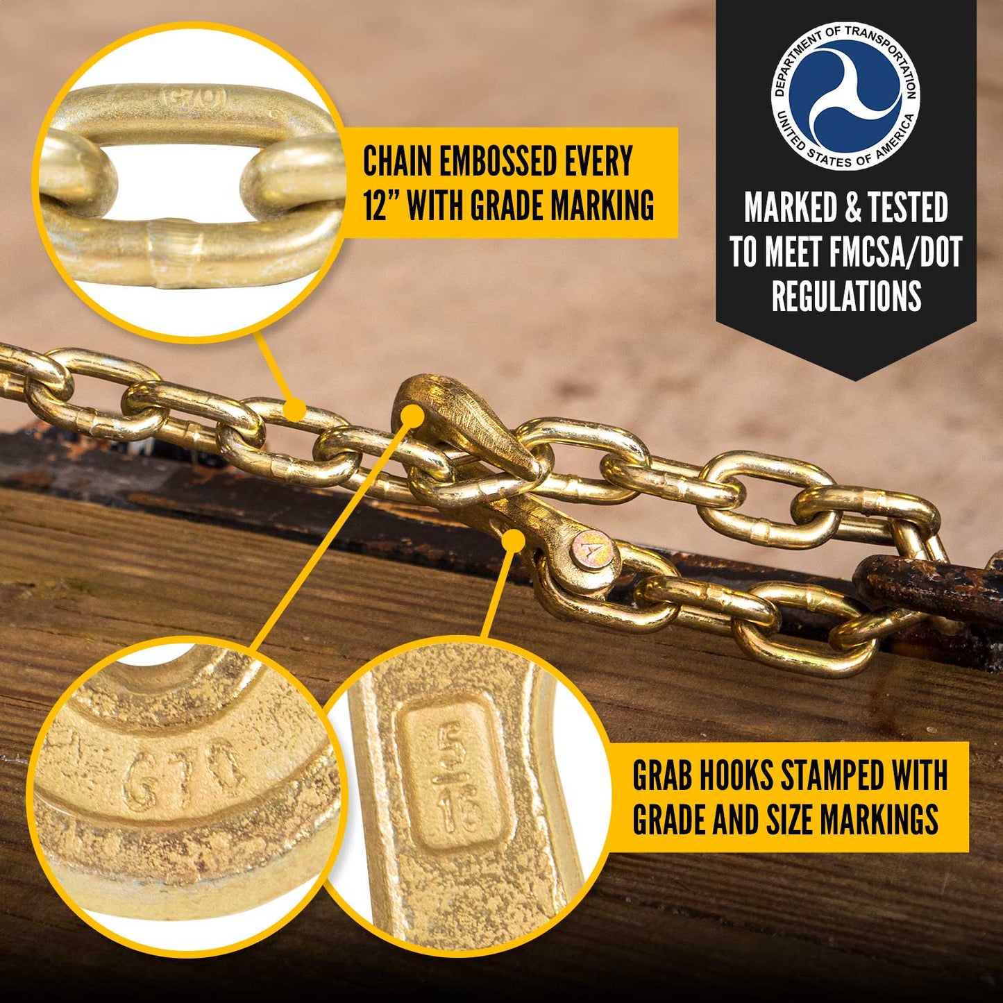 5/16" x 25' Grade 70 Transport Chain with Clevis Grab Hooks | 25-Pack (Drum)