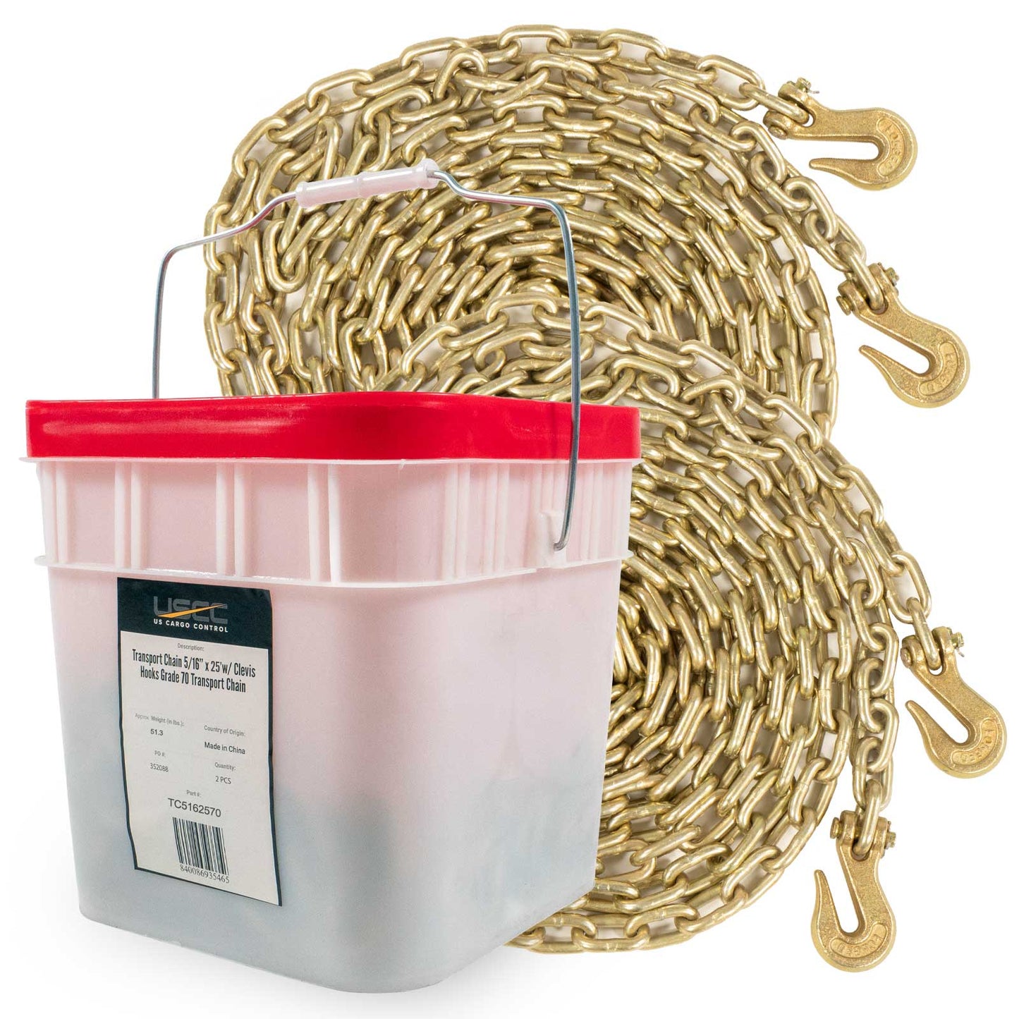 5/16" x 25' Grade 70 Transport Chain with Clevis Grab Hooks | 2-Pack