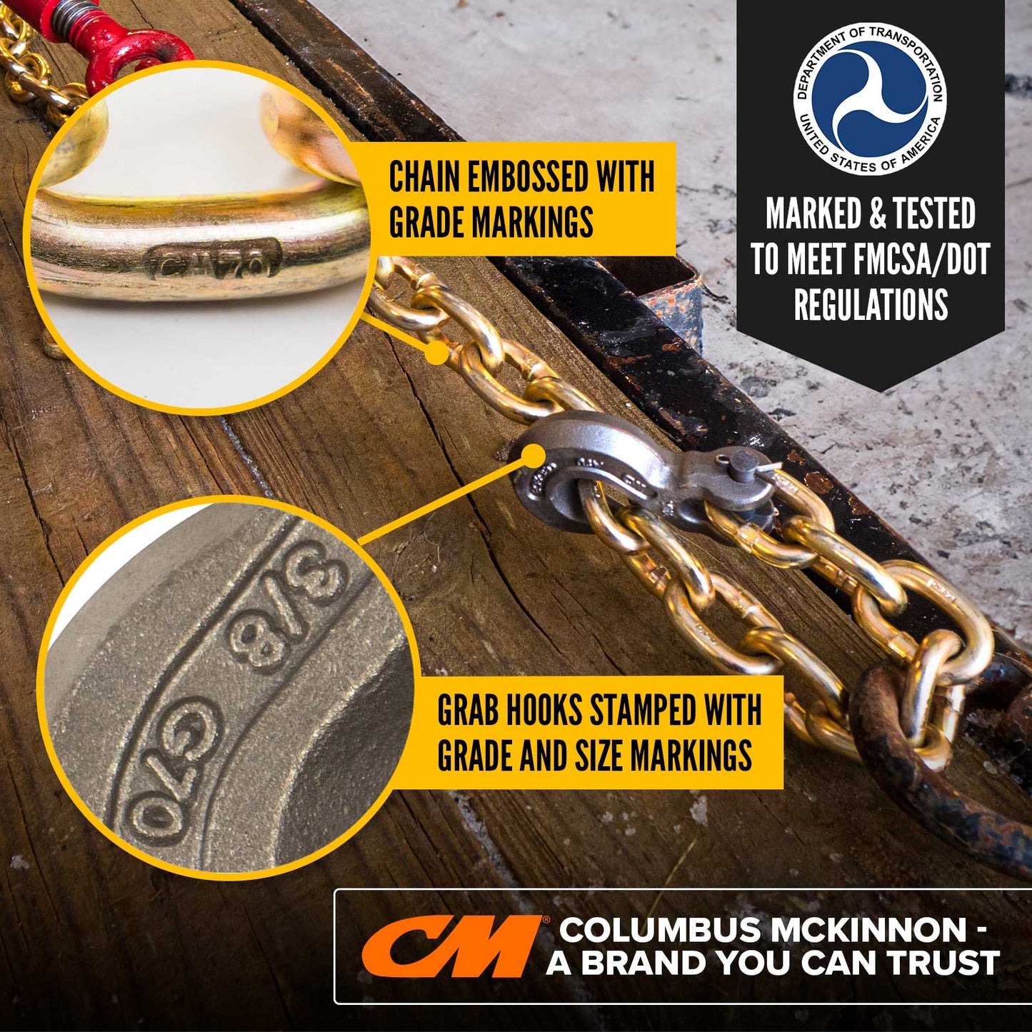 3/8" x 25' CM® Grade 70 Transport Chain with Clevis Grab Hooks | Made in USA