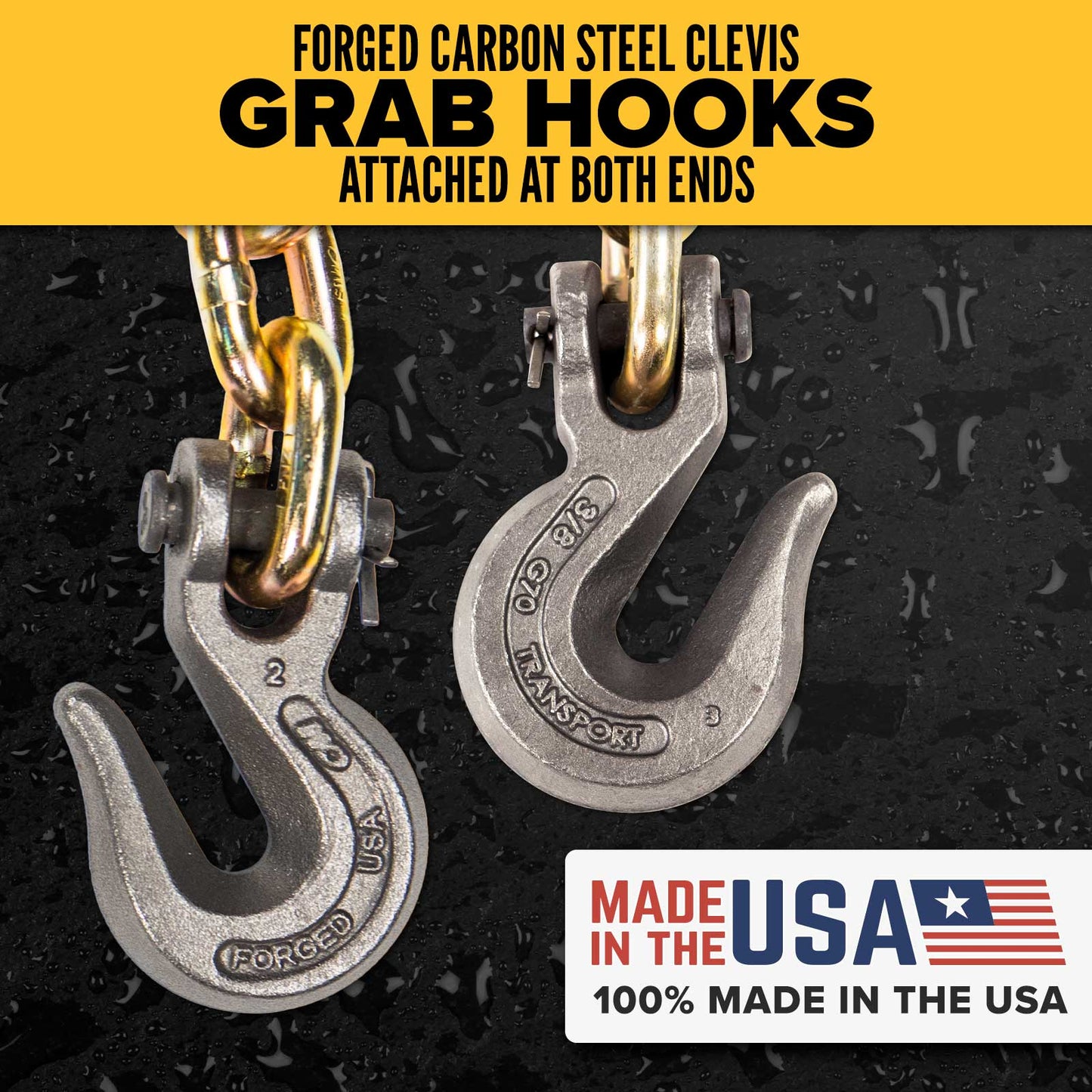 3/8" x 25' CM® Grade 70 Transport Chain with Clevis Grab Hooks | Made in USA