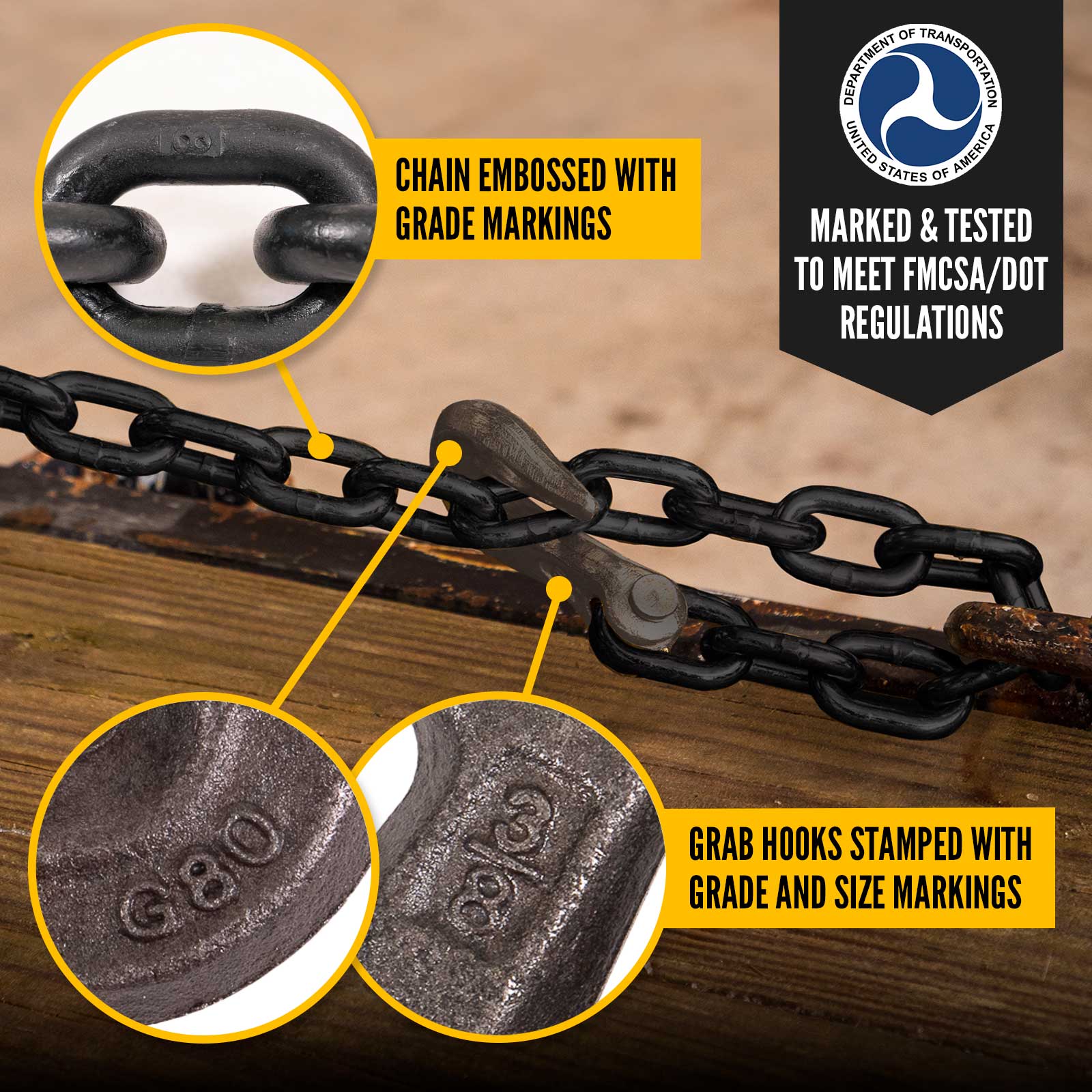 3/8" Grade 100 Lifting Chain 10 FT With Grab Hooks – Industrial, Made In USA