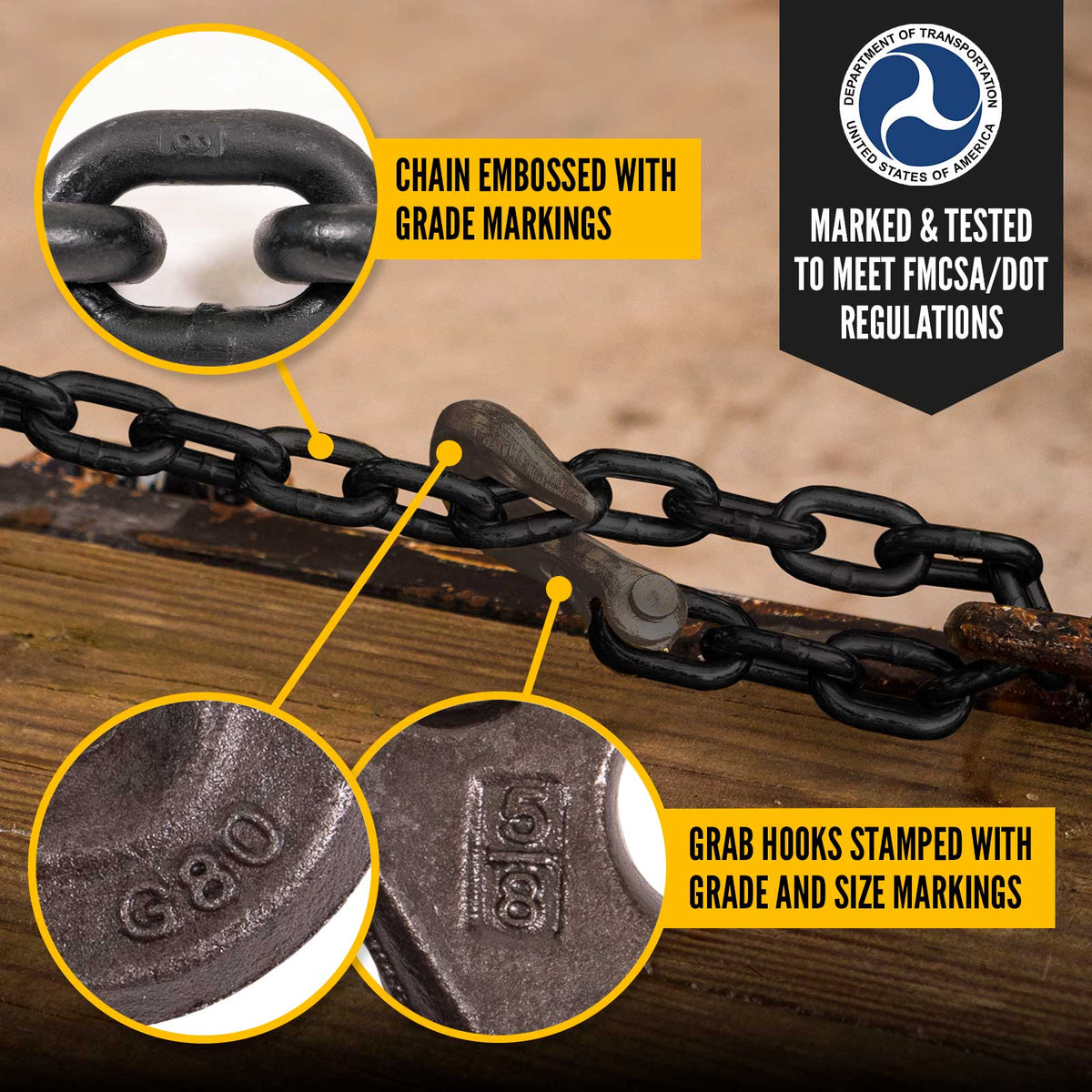 Tie Down Chain Assembly 5/8 x 16' w/ Clevis Grab Hooks - Grade 80 Tie Down Chain Assembly 5/8 x 16' w/ Clevis Grab Hooks - Grade 80
