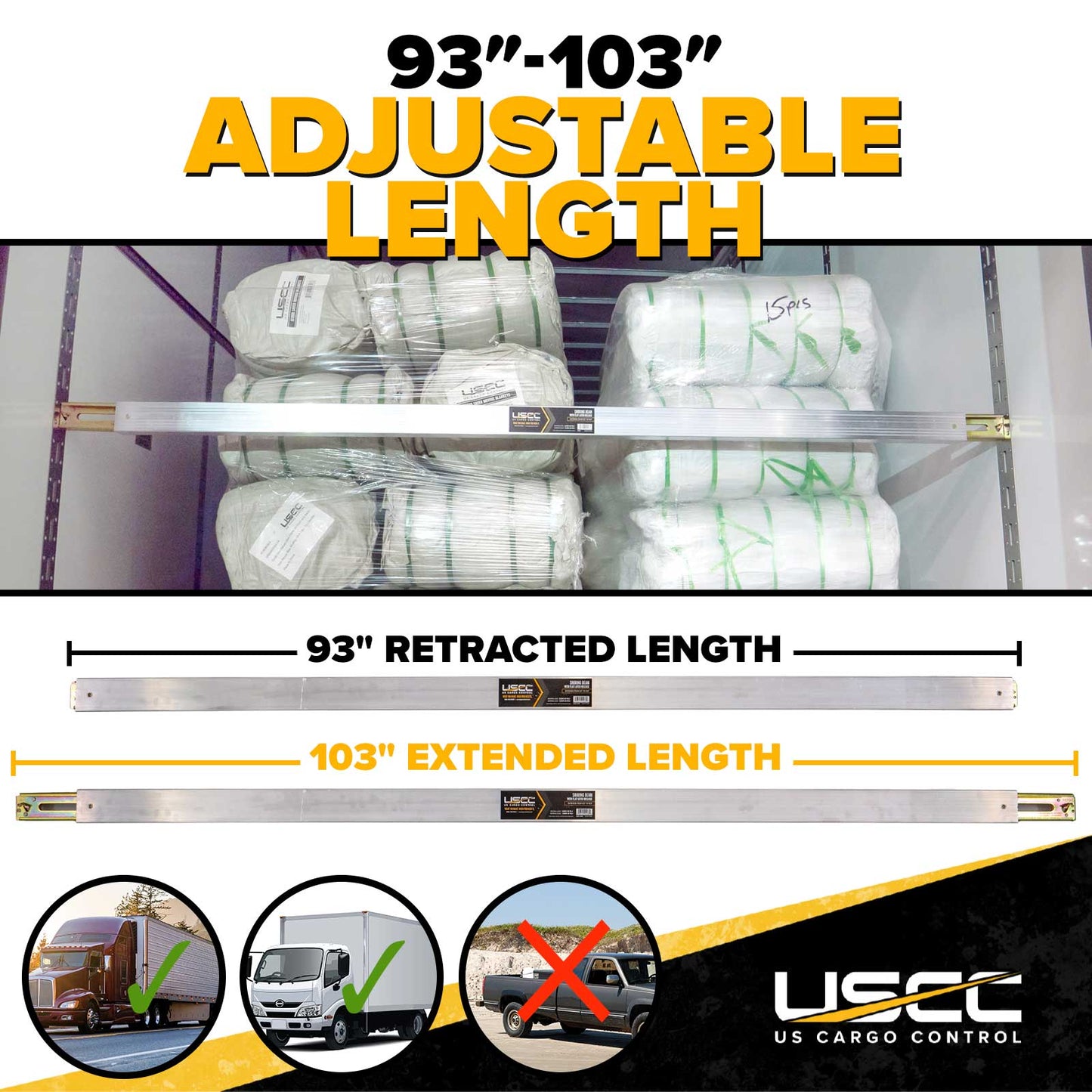 93" - 103" Aluminum E-Track Load Bar with Flat Latch Release - 3,000 lb Capacity