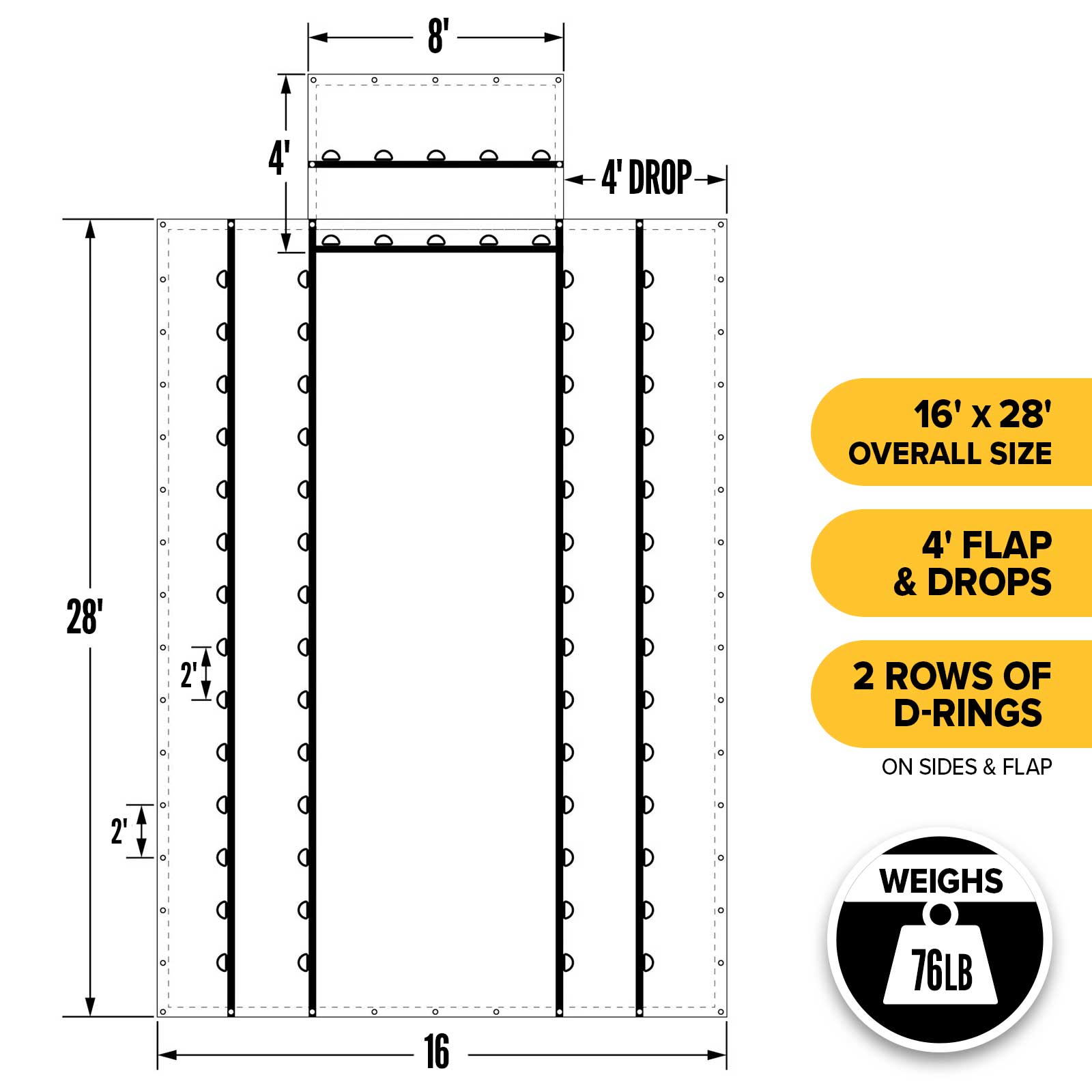 tarp standard sizes 16' x 28' Heavy Duty Lumber Tarp | 4' Drop & Flap