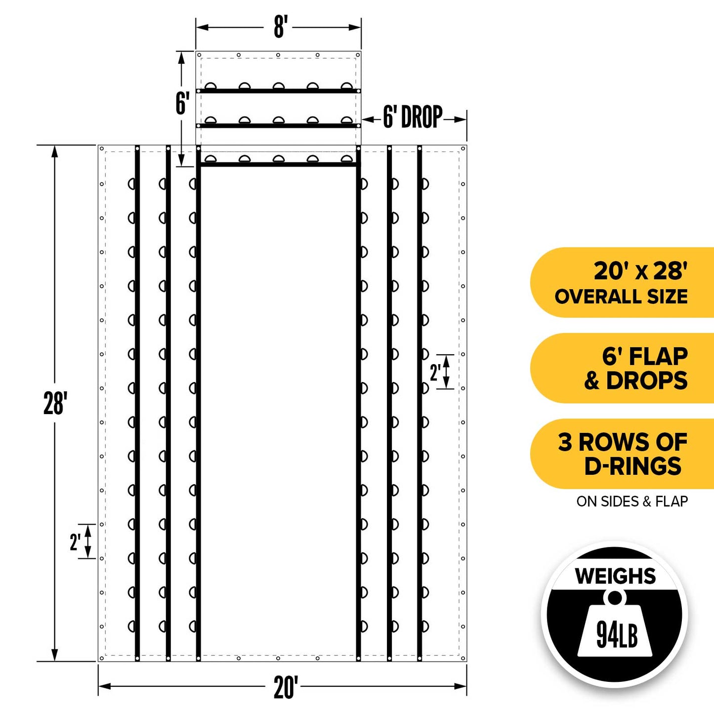 20' x 28' Heavy Duty Lumber Tarp | 6' Drop & Flap - 18 oz. Black Tarp