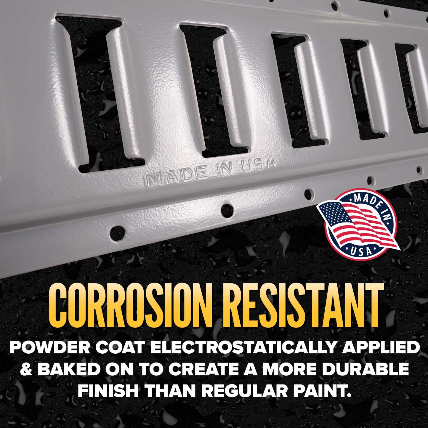 corrosion resistant powder coated e track