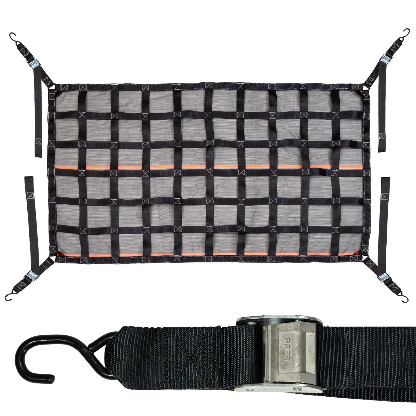 82" x 50" Long Bed Pickup Truck Cargo Net with Mesh Lining | Cam Buckles & S-Hooks