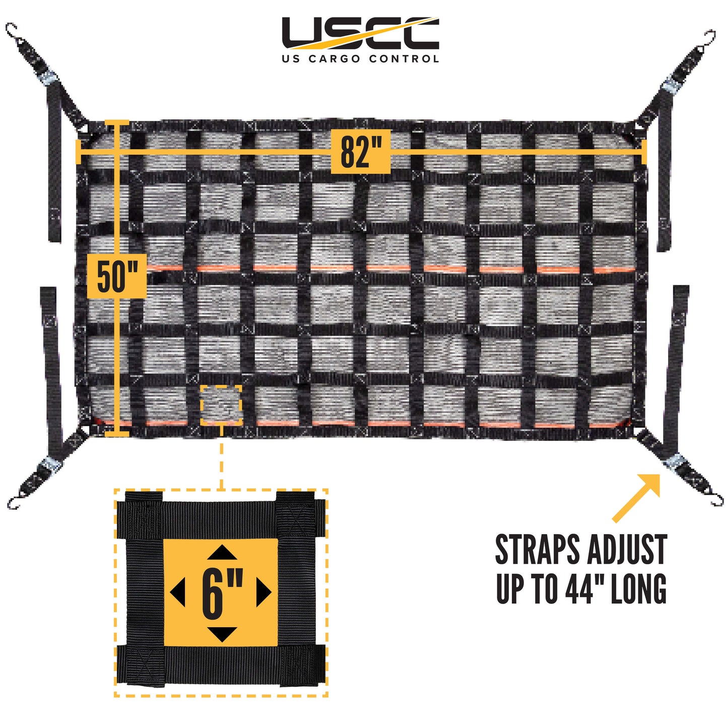 82" x 50" Long Bed Pickup Truck Cargo Net with Mesh Lining | Cam Buckles & S-Hooks