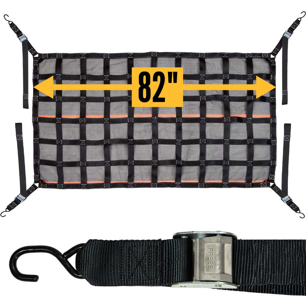 82" x 50" Long Bed Pickup Truck Cargo Net with Mesh Lining | Cam Buckles & S-Hooks