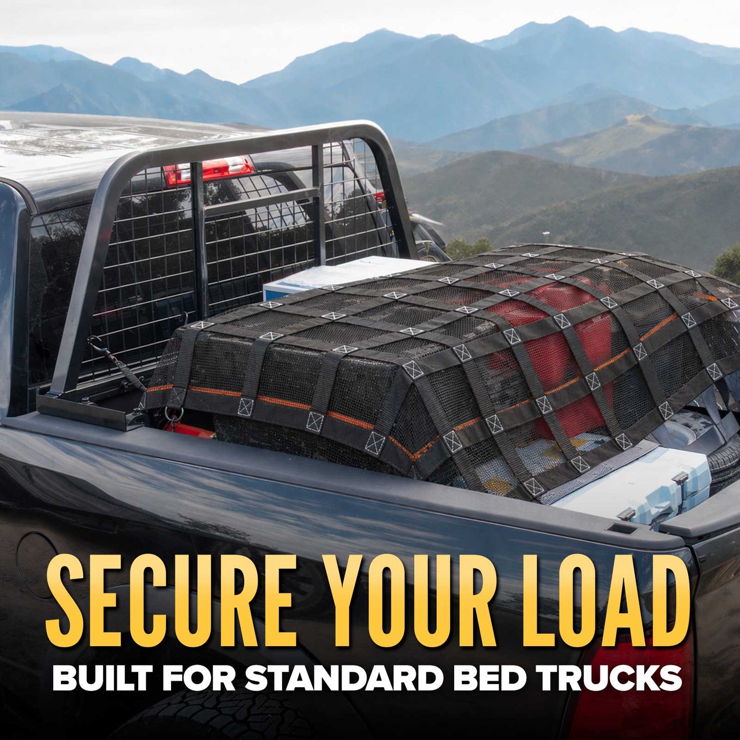 66" x 50" Standard Bed Pickup Truck Cargo Net with Mesh Lining | Cam Buckles & S-Hooks