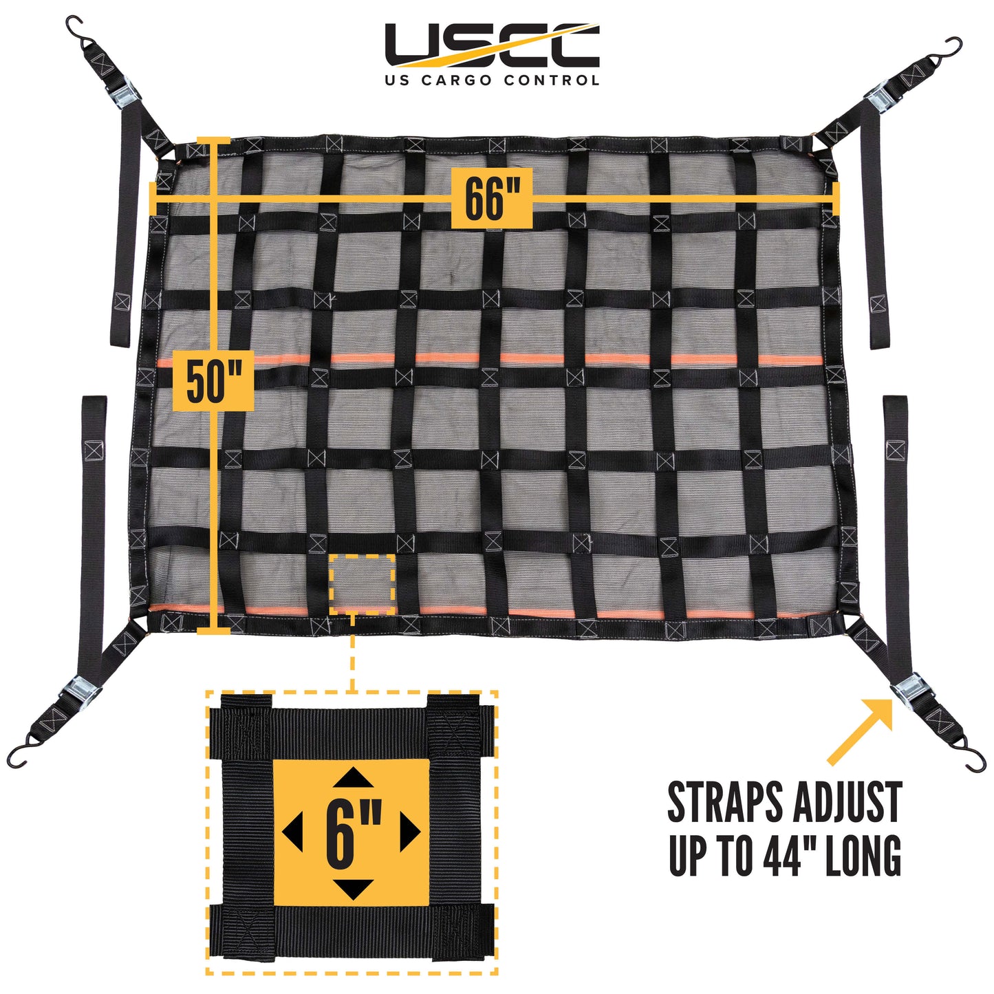66" x 50" Standard Bed Pickup Truck Cargo Net with Mesh Lining | Cam Buckles & S-Hooks