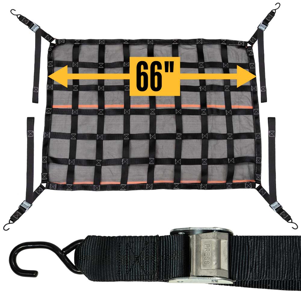 66" x 50" Standard Bed Pickup Truck Cargo Net with Mesh Lining | Cam Buckles & S-Hooks