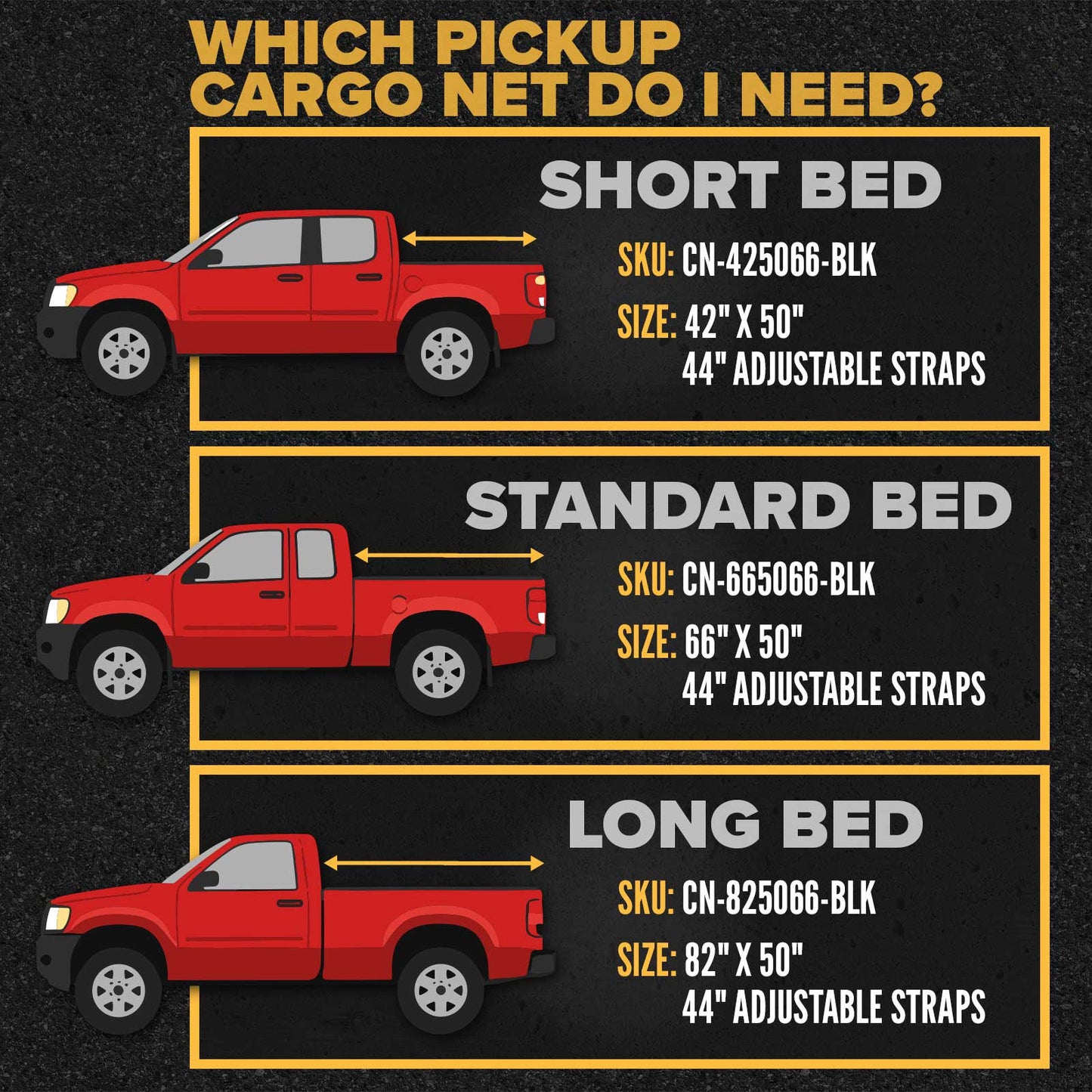 42" x 50" Short Bed Pickup Truck Cargo Net with Cam Buckles & S-Hooks