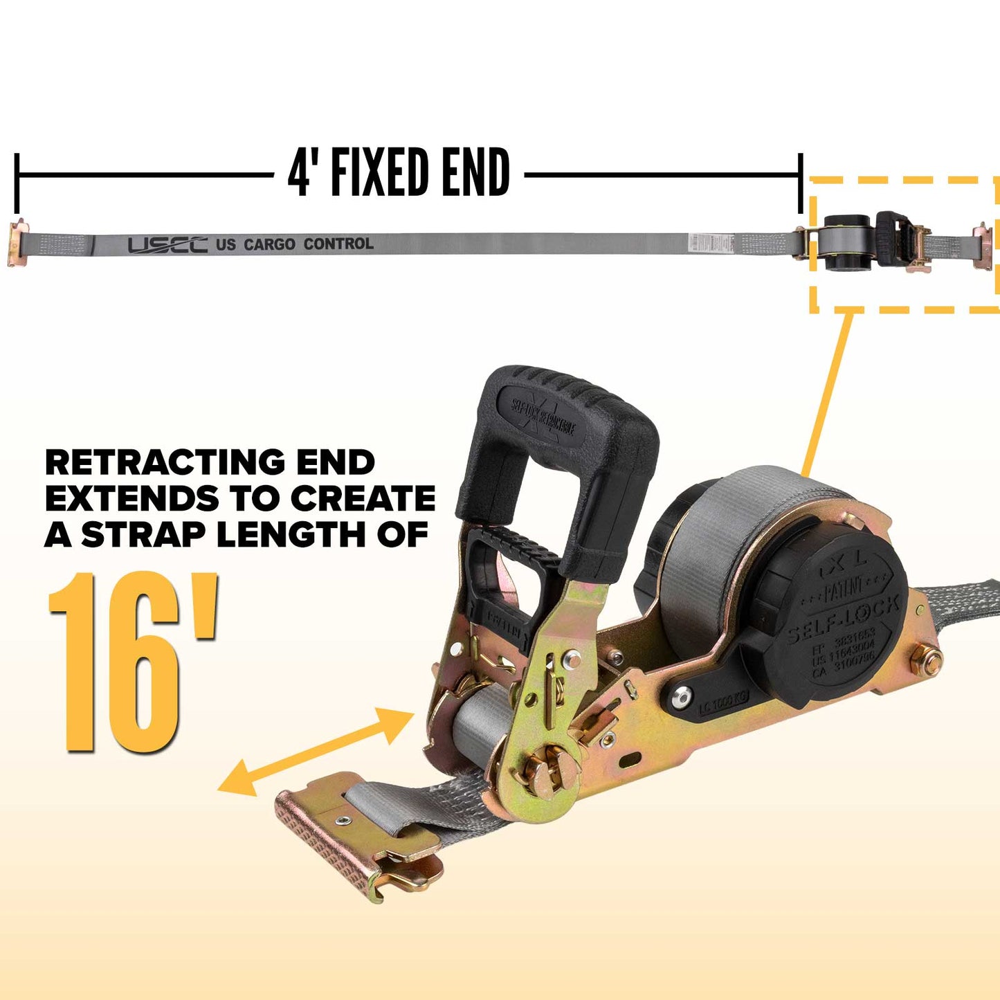 1.5” x 16’ Retractable Strap with Spring E-Fittings - 4,000 lbs. BS