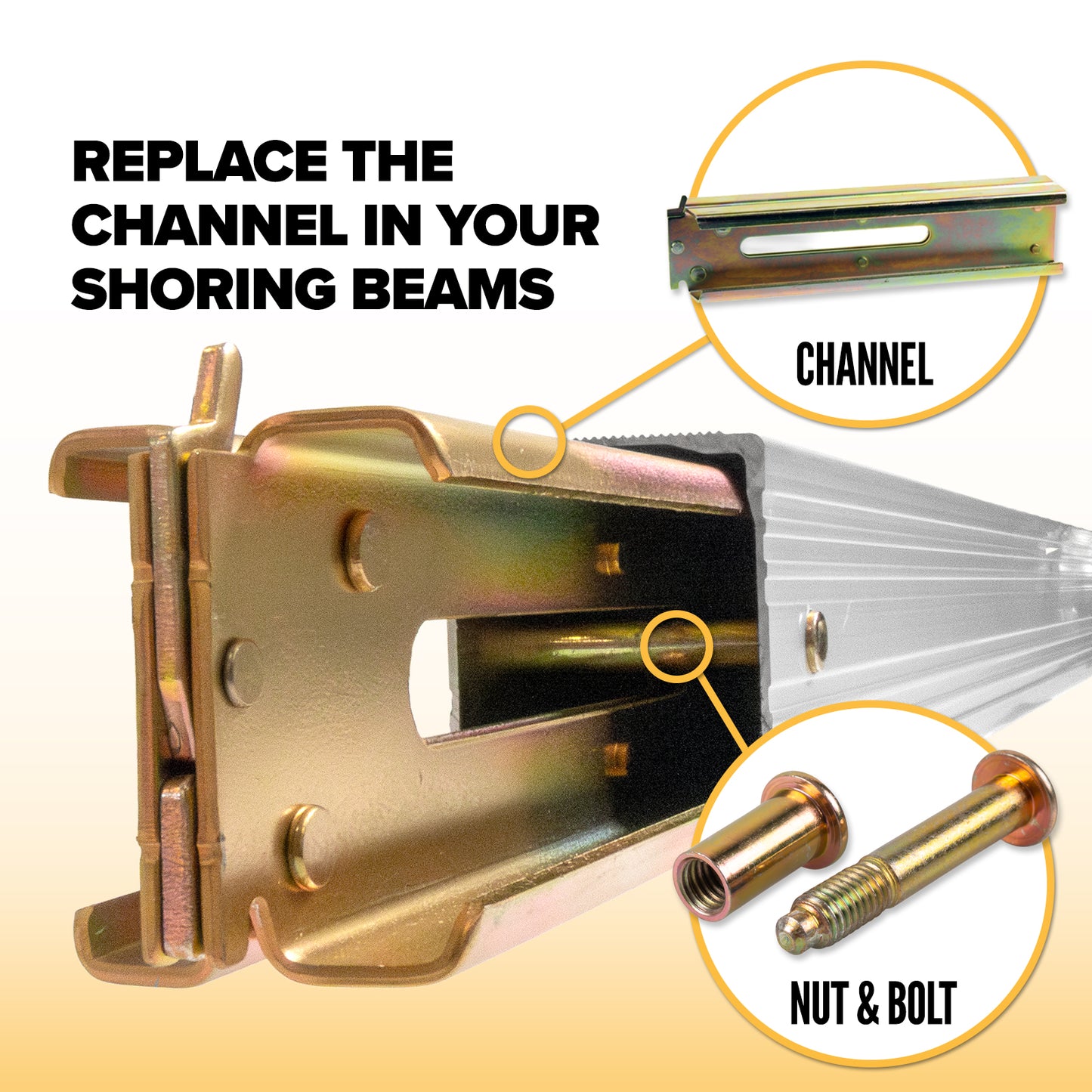 Replacement Channel Assembly for Shoring Beams with Nut and Bolt Attachment Kit