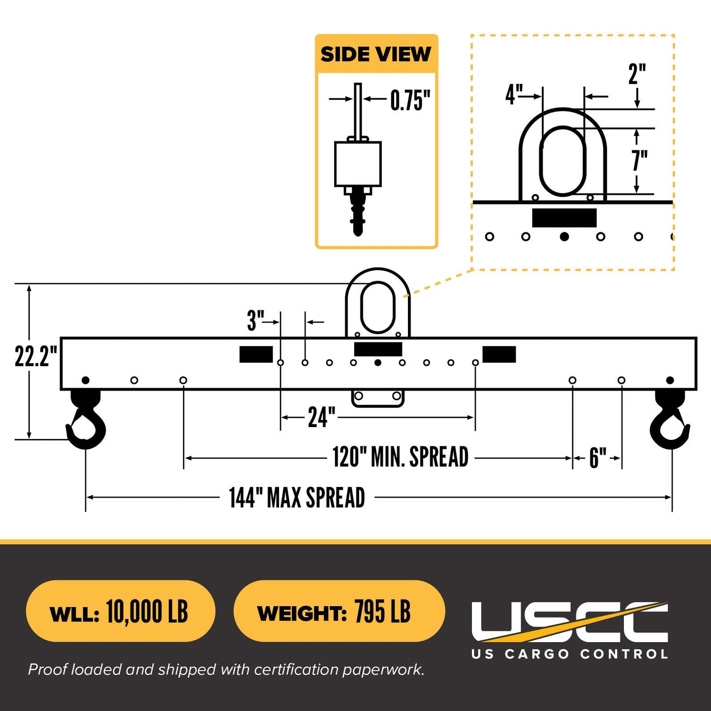 M&W 16419 standard adjustable lifting beam w/ swivel hooks specs