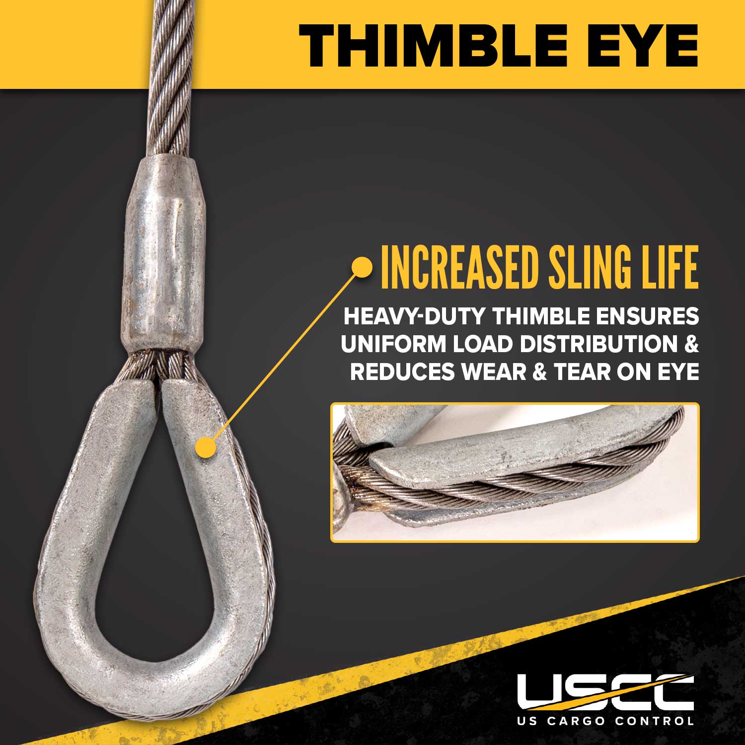 4' 1/2" thimbled eye protects wire rope sling