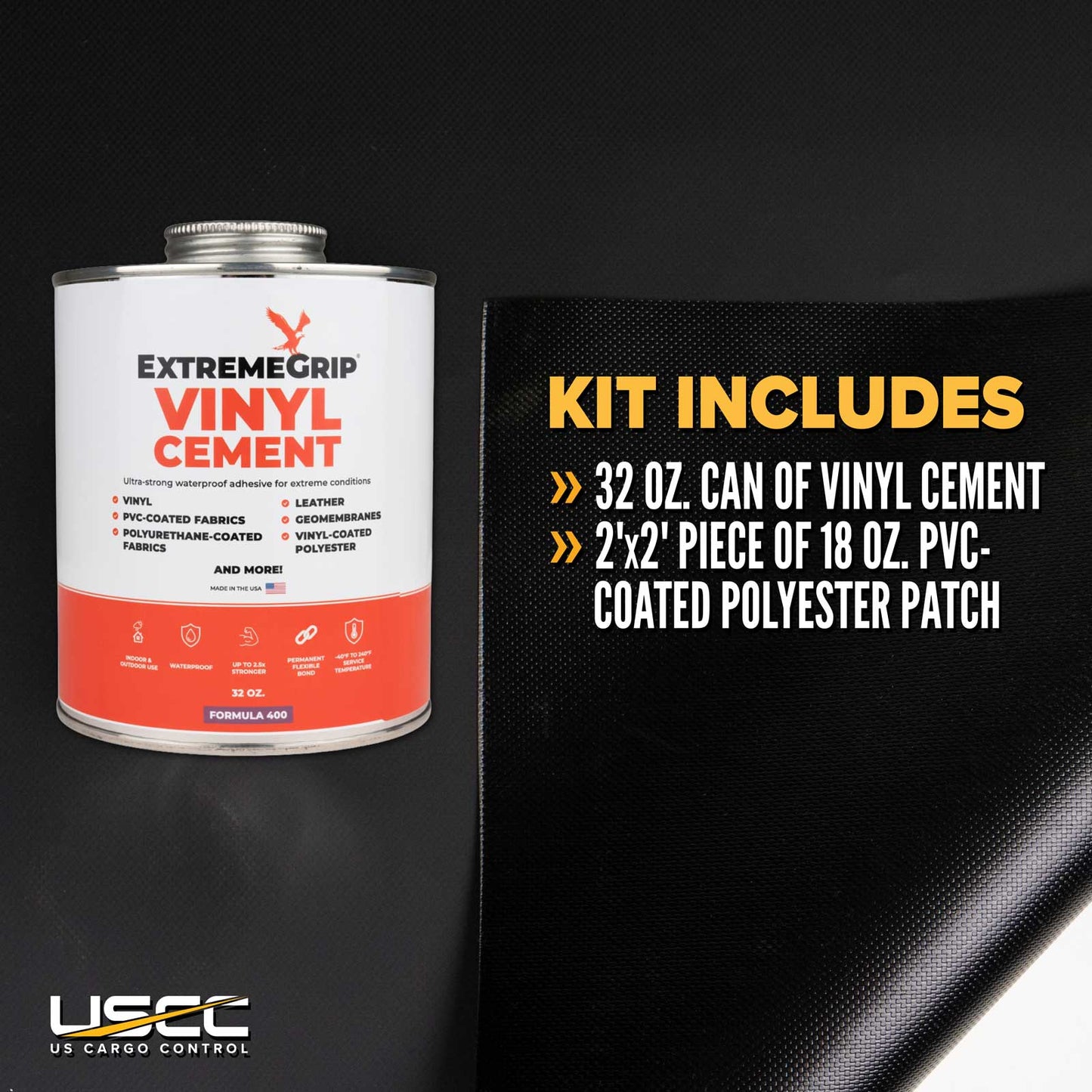 Pro Tarp Repair Kit: Four 2'x2' Black Tarp Patches and 32 oz. Vinyl Cement