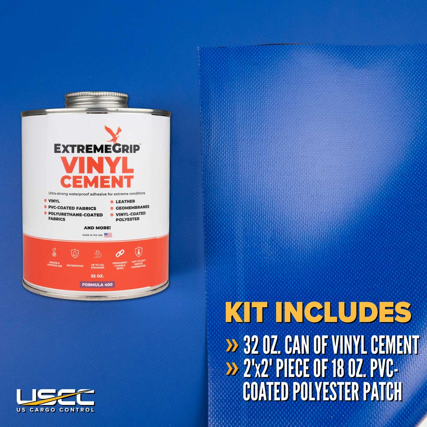 Pro Tarp Repair Kit: Four 2'x2' Blue Tarp Patches and 32 oz. Vinyl Cement