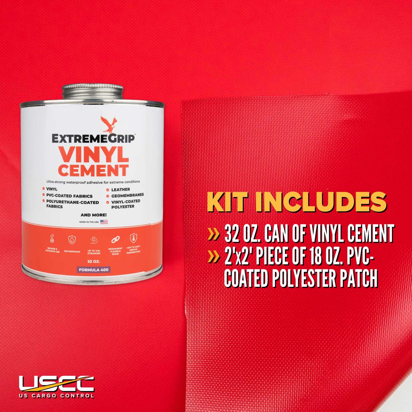Pro Tarp Repair Kit: Four 2'x2' Red Tarp Patches and 32 oz. Vinyl Cement