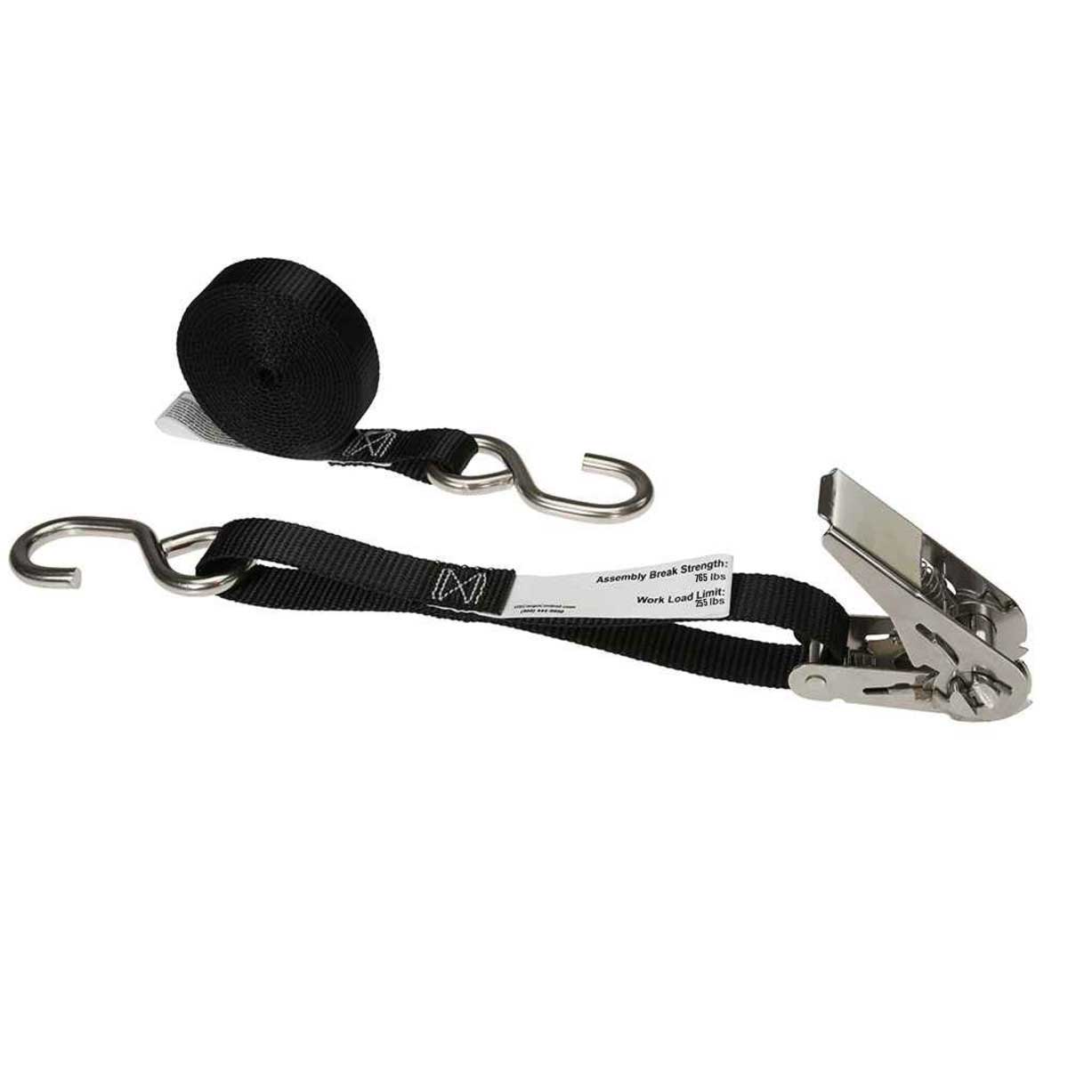 1" x 10' Black Stainless Steel Thumb Ratchet Strap w/ S-Hooks