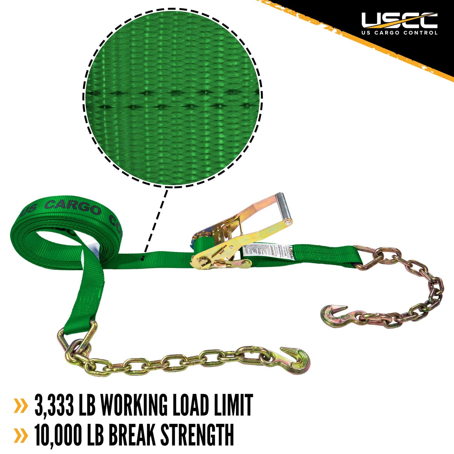 2" x 27' Green Ratchet Strap w/ Chain Extension