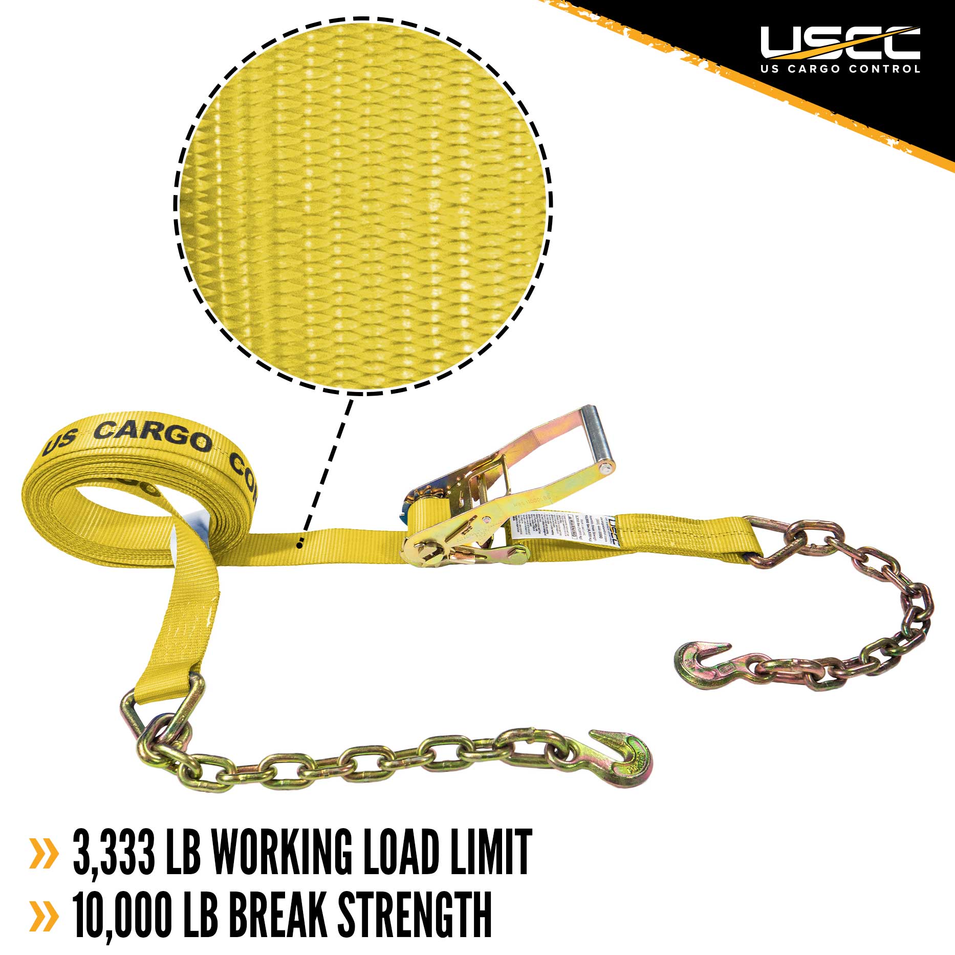 2" x 30' Yellow Ratchet Strap w/ Chain Extension
