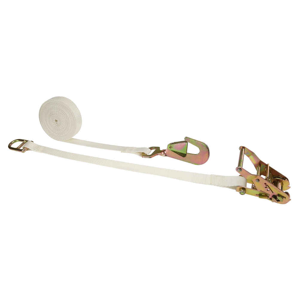 1" x 15' White Tent Ratchet Strap w/ Twisted Snap Hook & Double D-Ring