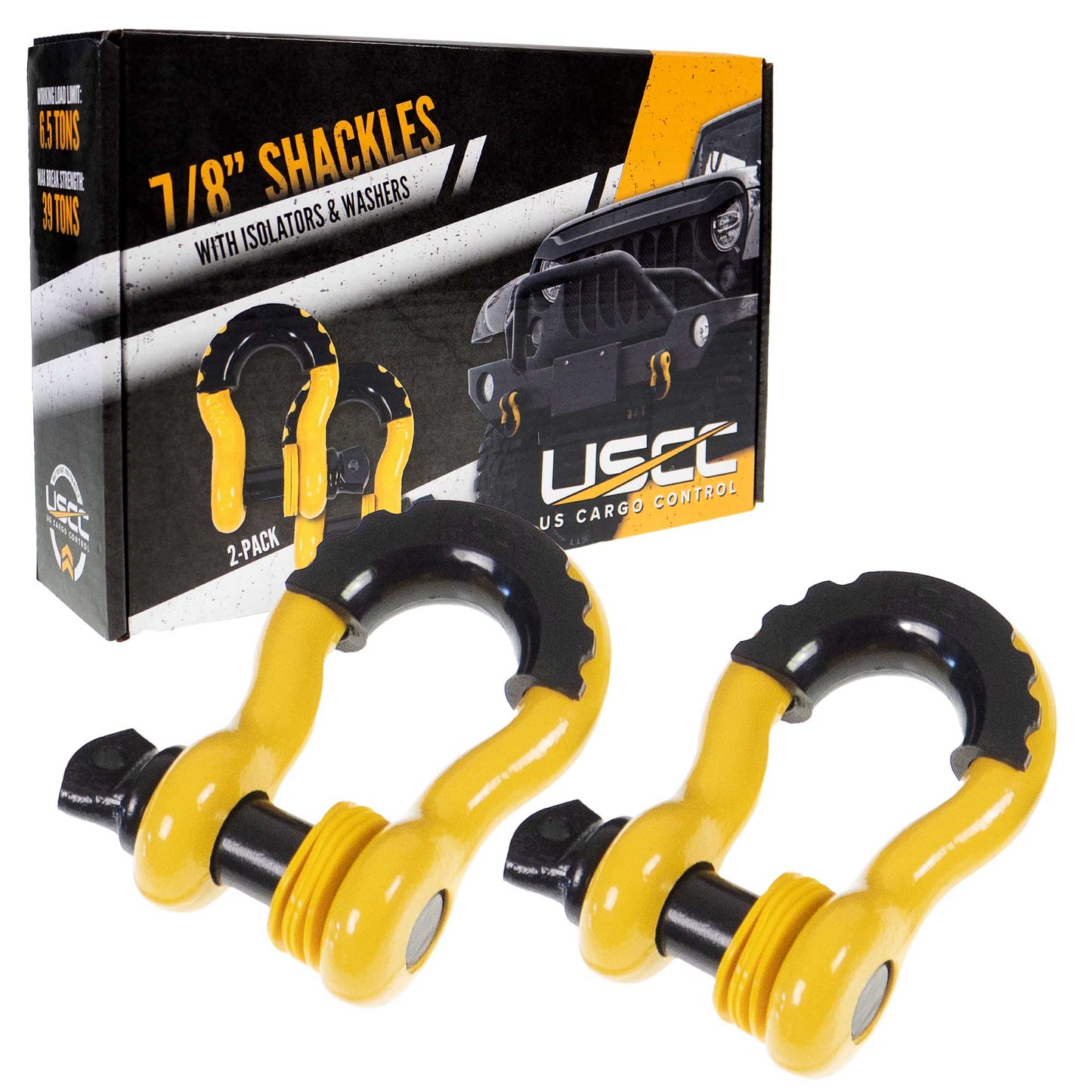 USCC 7/8" Drop-Forged Steel Screw Pin Anchor Shackles with Isolator and Washers – 6.5 Tons – 2 Pack