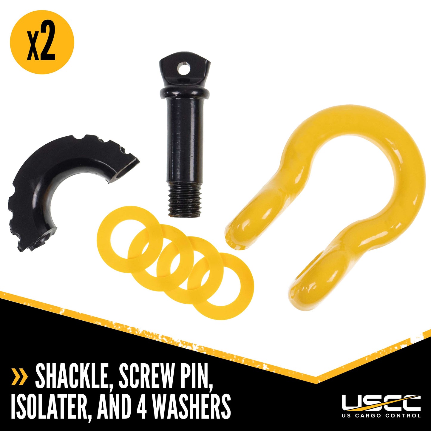 USCC 7/8" Drop-Forged Steel Screw Pin Anchor Shackles with Isolator and Washers – 6.5 Tons – 2 Pack