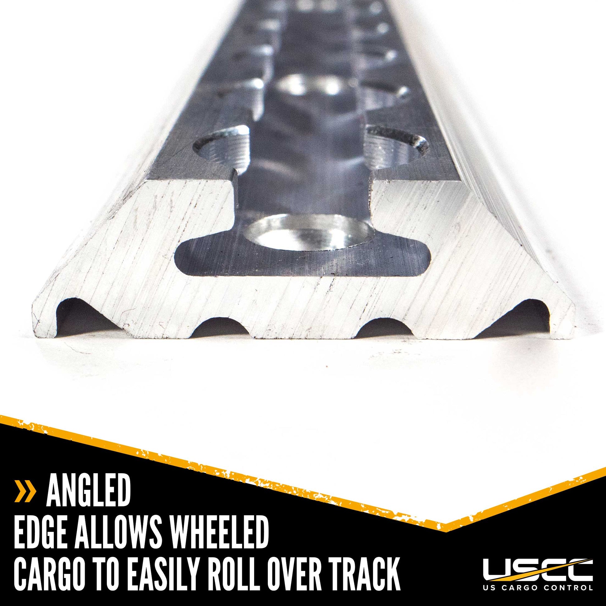 8' angled L-track allows for wheeled cargo to easily roll over the track
