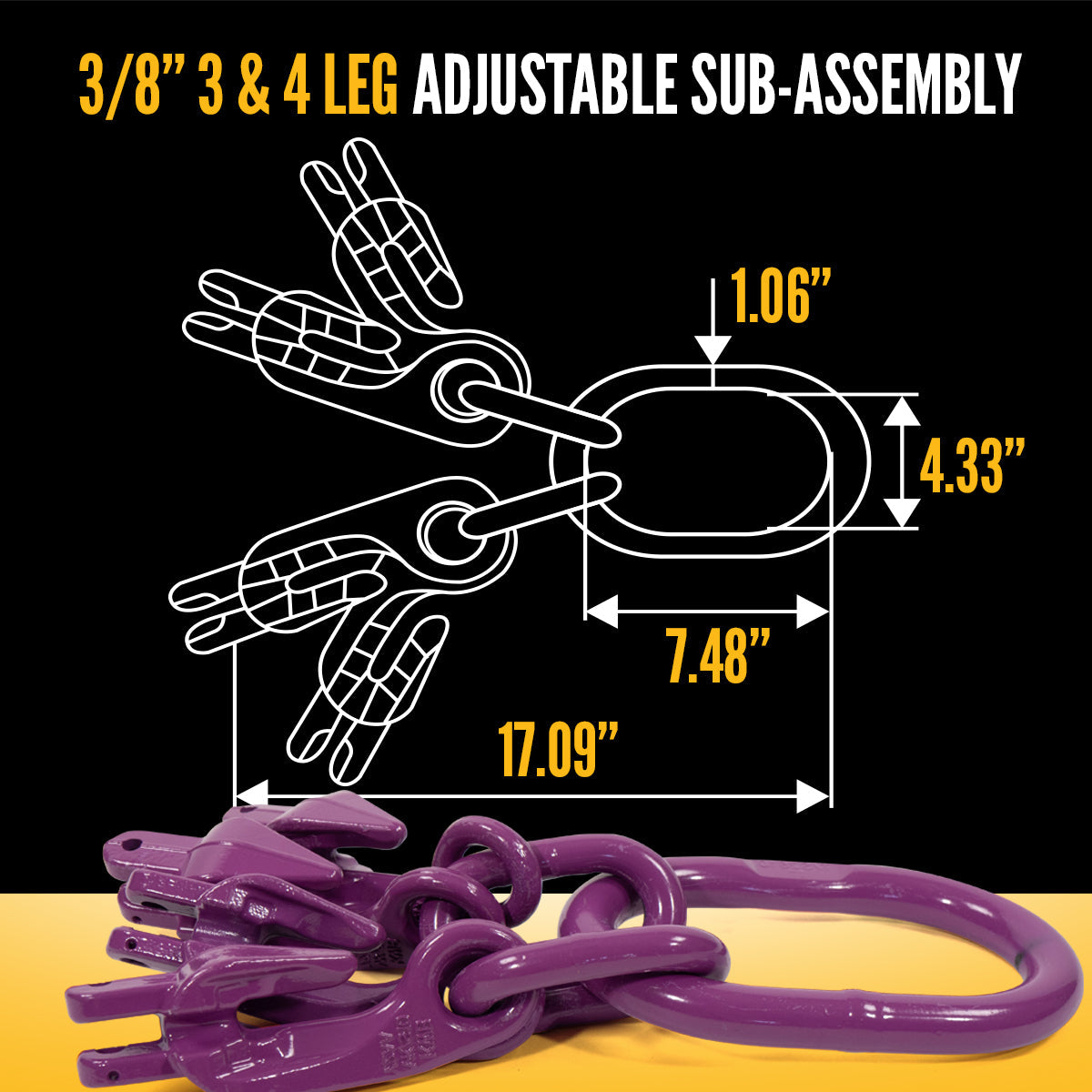 3/8" x 10' - Adjustable 3 Leg Chain Sling w/ Grab Hooks - Grade 100 image 7 of 8