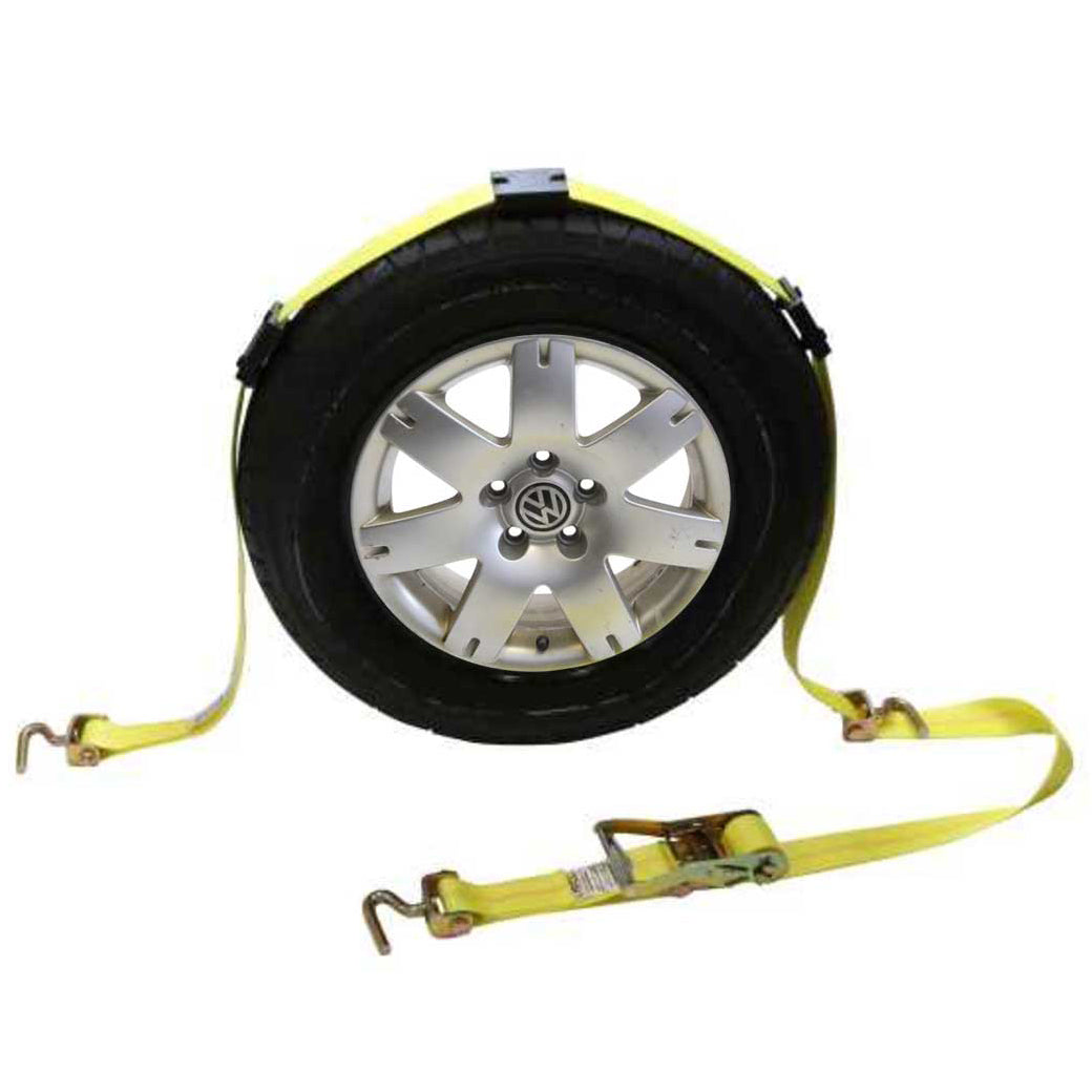 Wheel Strap with 3 Swivel J Hooks w 90 degree hook angle Ratchet and 3 Adjustable Rubber Cleats image 1 of 10