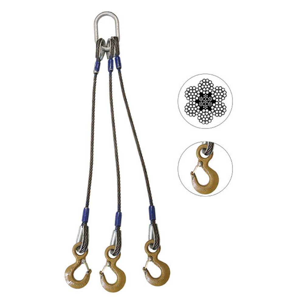 Wire Rope Sling - 3 Leg Bridle w/ Eye Hooks - 1/2 x 20' - Domestic